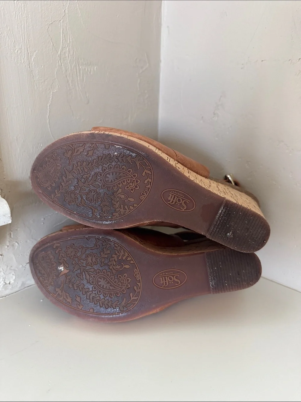 Sofft Tan Brown Leather Cork Wedge Sandals